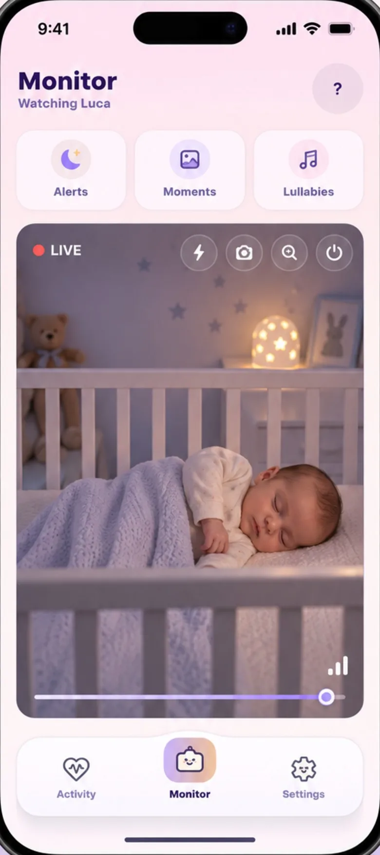 Baby's Day In Monitor screen: live video of the nursery, with the baby asleep in the crib